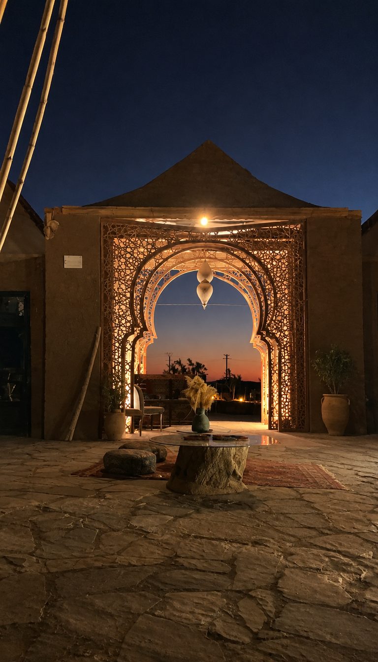 Puerta de estilo marroquí iluminada al anochecer
